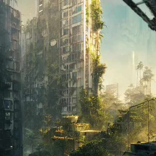 Prompt: abandoned skyscraper covered in vegetation, pride of lions roaming an abandoned building, cyberpunk, dystopian future, cinematic lighting, beautiful render, jessica rossier greg rutkowski,