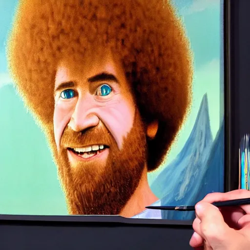 Image similar to a closeup photorealistic photograph of bob ross working on a canvas painting of bart simpson. film still. brightly lit scene. mountains and trees. this 4 k hd image is trending on artstation, featured on behance, well - rendered, extra crisp, features intricate detail, epic composition and the style of unreal engine.