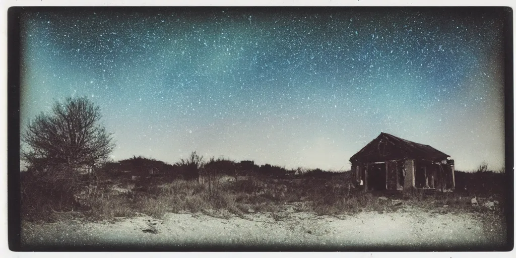 Prompt: polaroid photo of an abandoned house on a wasteland, colourful starry sky, slight color bleed, grain