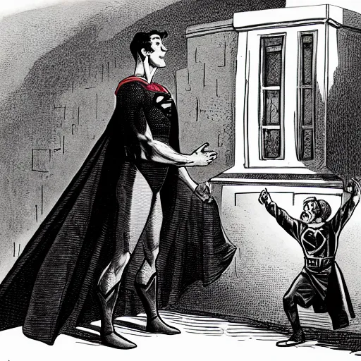 Prompt: Superman begging for alms on a street corner in the style of a 19th century cartoon