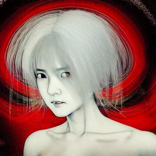 Image similar to yoshitaka amano blurred and dreamy realistic three quarter angle portrait of a young woman with white hair and black eyes wearing dress suit with tie, junji ito abstract patterns in the background, satoshi kon anime, noisy film grain effect, highly detailed, renaissance oil painting, weird portrait angle, blurred lost edges