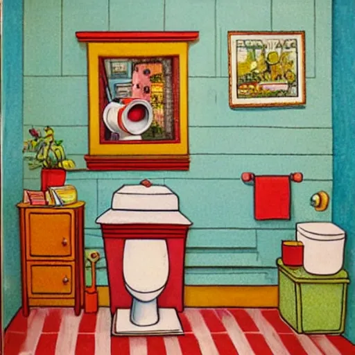 Prompt: photograph of a toilet. the toilet is covered in a painting by richard scarry