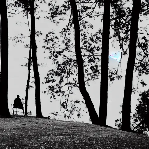 Image similar to silhouettes of two men sitting on top of a hill with a forest behind them