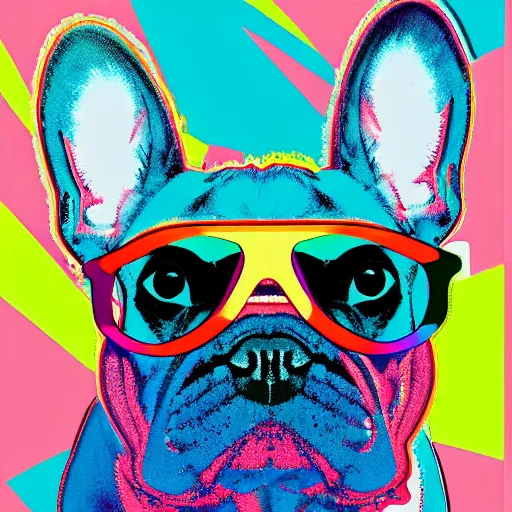 Prompt: An Andy Warhol style painting of a french bulldog wearing sunglasses