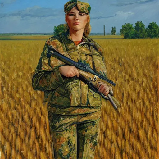 Prompt: Blond female Ukrainian soldier, in camouflage uniform with rifle, looking across a wheat field to a line of trees, oil painting