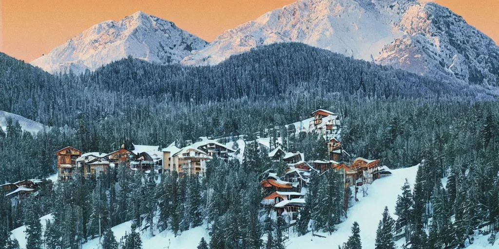 Prompt: idyllic poster of a craggy icy ski resort with large pillars of rock and no trees