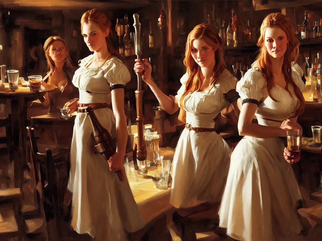 Prompt: portrait of two young female norwegian swedish fantasy barmaid models walking in a tavern, by greg manchess and leyendecker, medium shot low key lighting asymmetrical intricate elegant illustration hearthstone