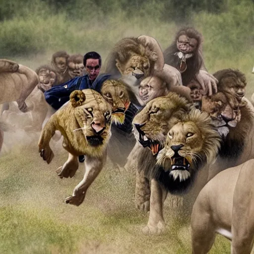 Image similar to a horde of joe bidens chasing after a lion.