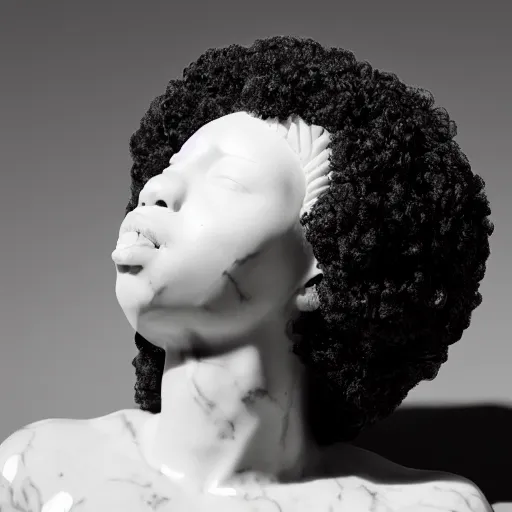 Image similar to a photorealistic all white marble sculpture of a black girl in a afro crying