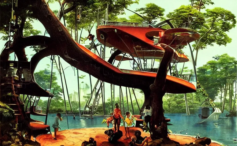 Image similar to a scene of futuristic treehouse lounge by water. highly detailed science fiction painting by norman rockwell, frank frazetta, and syd mead. rich colors, high contrast, gloomy atmosphere, dark background. trending on artstation