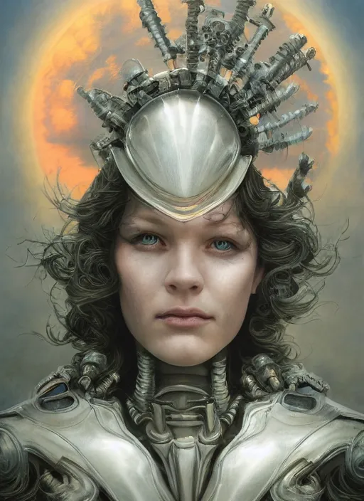 Image similar to symmetry! portrait of a beautiful biblical diabolical agile girl, in reflective porcelain cyborg armor, in clouds, cinematic studio light! windy, sunrise, by gerald brom, by mikhail vrubel, by peter elson, muted colors, extreme detail! trending on artstation, 8 k