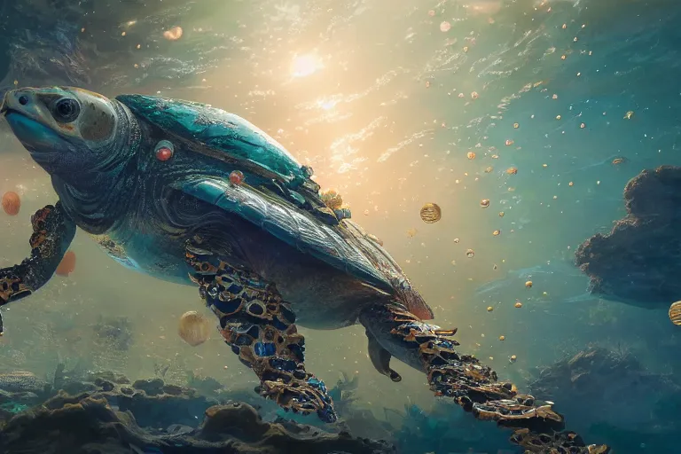 Image similar to beautiful painting of a huge caretta wearing an armour of jewels and golden beetles in ocean coral reef, water bubbles, intricate details, realistic shaded , steampunk, highly detailed, artstation, illustration by Greg Rutkowski and Ruan Jia , octane render, dynamic light, volumetric light, neon lights, cinematic mood