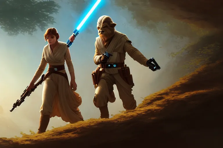 Image similar to star wars luke and leia on endor, jesper ejsing, james jean, justin gerard, tomasz alen kopera, cgsociety, fenghua zhong, makoto shinkai, octane render, highly detailed, rim light, art, cinematic lighting, very coherent, hyper realism, high detail, 8 k