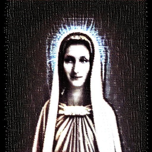 Image similar to vhs static overlay of marian apparition, vhs, 1 9 9 0, highly realistic, highly detailed, vhs noise static, black and white, vhs glitch