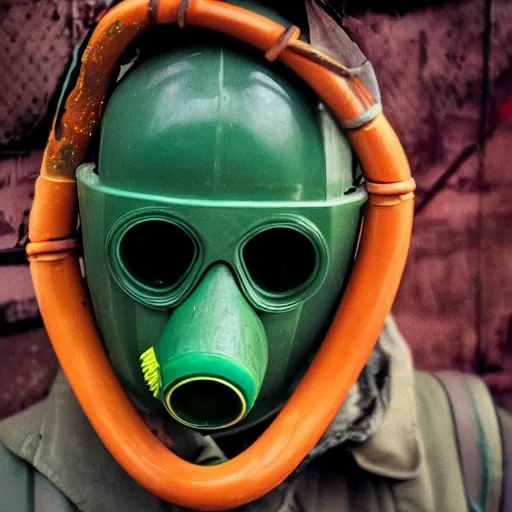 Image similar to i could see her luscious red lips visible through the translucent green gas mask as the yellow sulphur gas swirled around her.