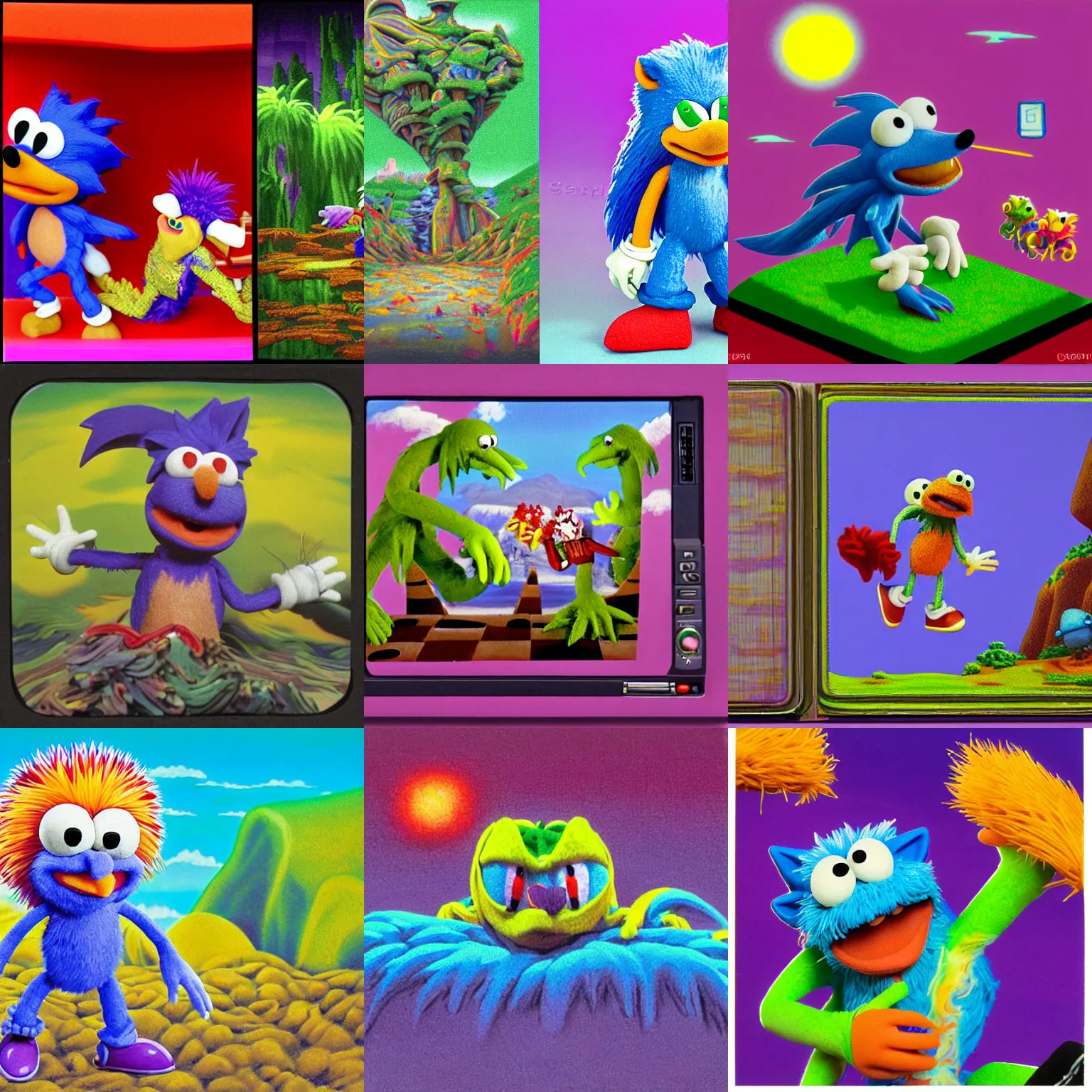 Prompt: claymation muppet portrait of sonic hedgehog and a matte painting landscape of a surreal, sharp, foggy, detailed professional, soft pastels, high quality airbrush art album cover of a liquid dissolving airbrush art lsd dmt sonic the hedgehog swimming through cyberspace, purple checkerboard background, 1 9 9 0 s 1 9 9 2 sega genesis rareware video game album cover