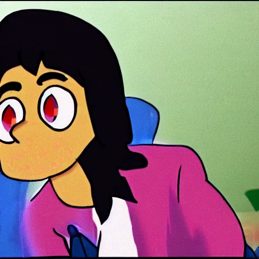 Image similar to A still of Steven Quartz from Steven Universe in a Weezer Music Video low quality, vhs quality,