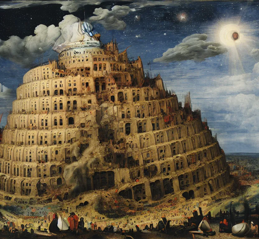 Prompt: a painting of the rubble that used to be the tower of babel, after it was hit by an explosion, at night with a sky full of stars, by pieter breugel the elder