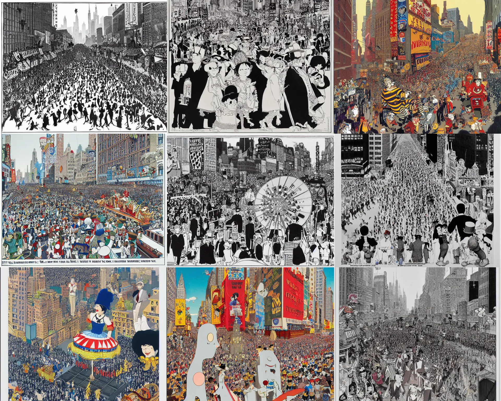 Prompt: a carnival parade in new york city by winsor mccay and takato yomamoto and ilya kuvshinov, screen printed