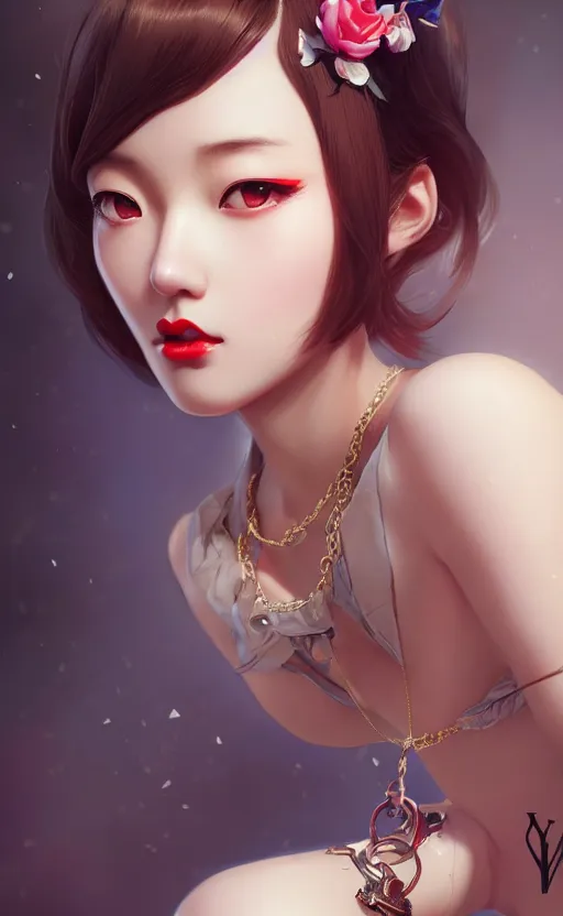 Image similar to a pin up and beautiful fashion charming dreamlke korea girl with lv jewelry, character art, art by artgerm lau and kyoung hwan kim and and ilya kuvshinov and john singer sargent, hyperdetailed, 8 k realistic, symmetrical, frostbite 3 engine, cryengine, dof, trending on artstation, digital art