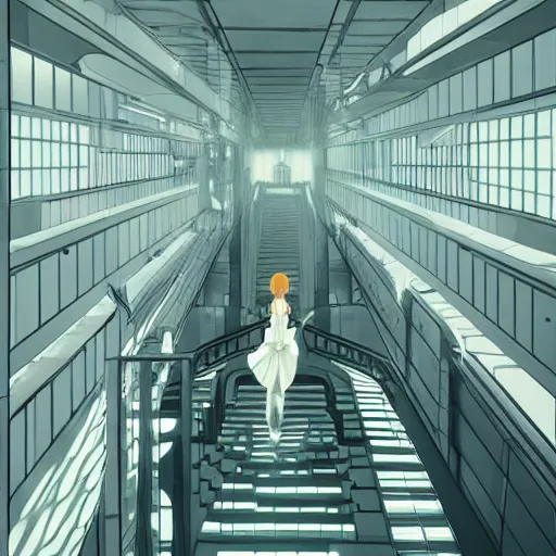 Image similar to a stunningly beautiful slimegirl woman in a bright white hallway with many doors and many stairs, Mc Escher architecture, epic composition, by Makoto Shinkai