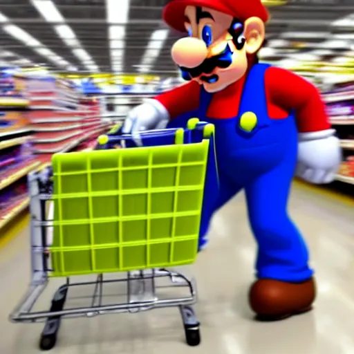 Prompt: photo of Super Mario pushing a shopping cart in Walmart