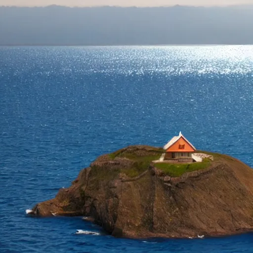 Image similar to a mountain and the sea, a little house in the middle of the sea