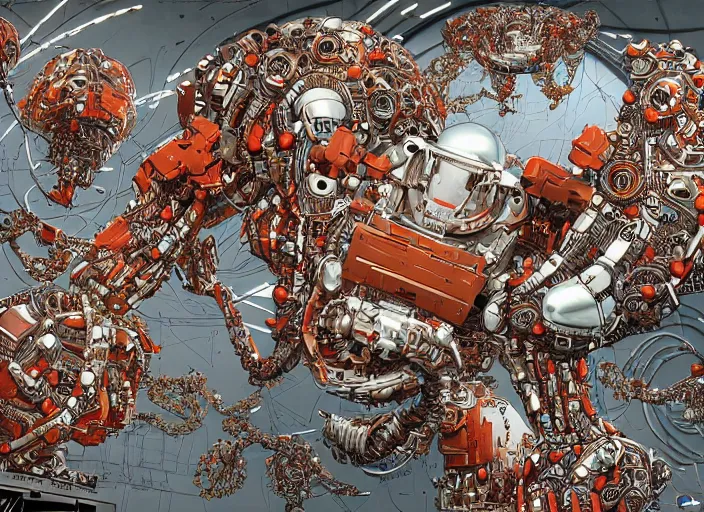 Prompt: cyborg in the data center, wired to the equipment and typing on the keyboard, red biomechanical details, wearing epic bionic cyborg implants, inflateble shapes, masterpiece, intricate, biopunk, highly detailed, artstation, concept art by frank miller geof darrow, 8 k