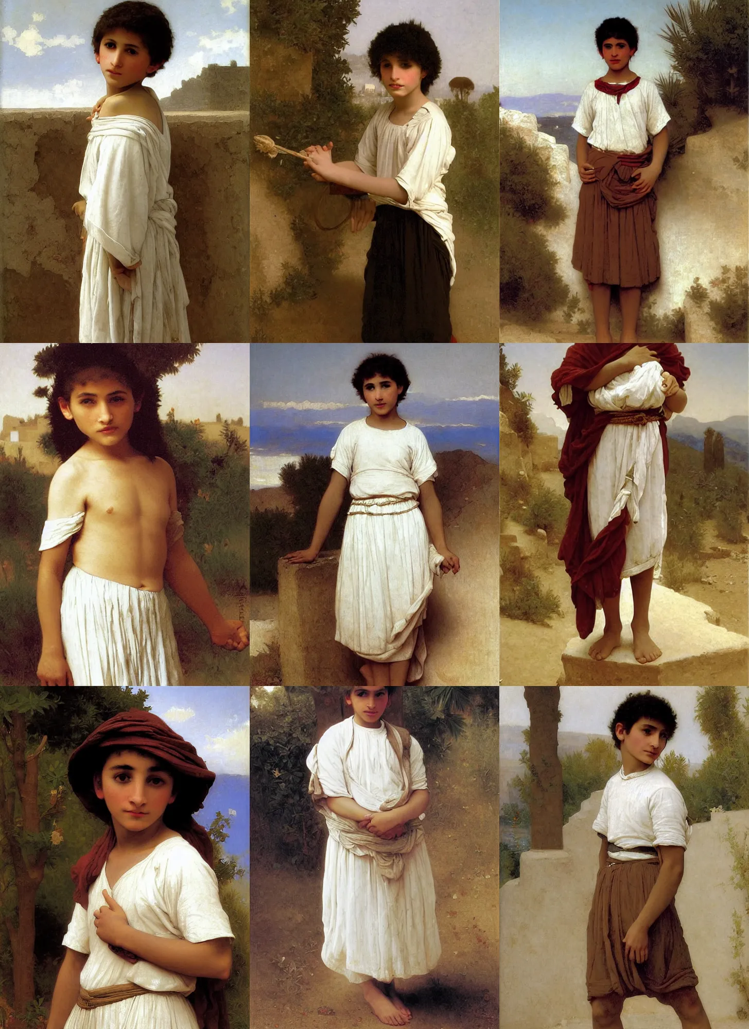 Prompt: 14 yo berber boy, white skirt, bouguereau