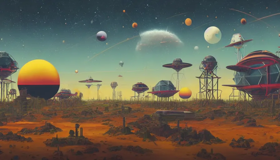 Prompt: hexagons launching from earth to the sun, planet earth in foreground, simon stalenhag