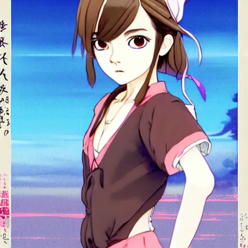 Image similar to a beautiful! boyish! emma watson alluring gravure! model, wearing japanese hiphop school girl outfit with mayan pattern and native style, aztec street fashion, botw style, gapmoe yandere grimdark, trending on pixiv fanbox, painted by greg rutkowski makoto shinkai takashi takeuchi studio ghibli, akihiko yoshida