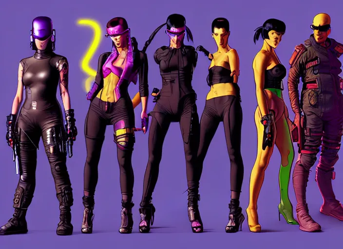 Image similar to cyberpunk ninja squad. portrait by stonehouse and mœbius and will eisner and gil elvgren and pixar. character design. realistic proportions. cyberpunk 2 0 7 7 character art, blade runner 2 0 4 9 concept art. cel shading. attractive face. thick lines. the team. diverse characters. artstationhq.