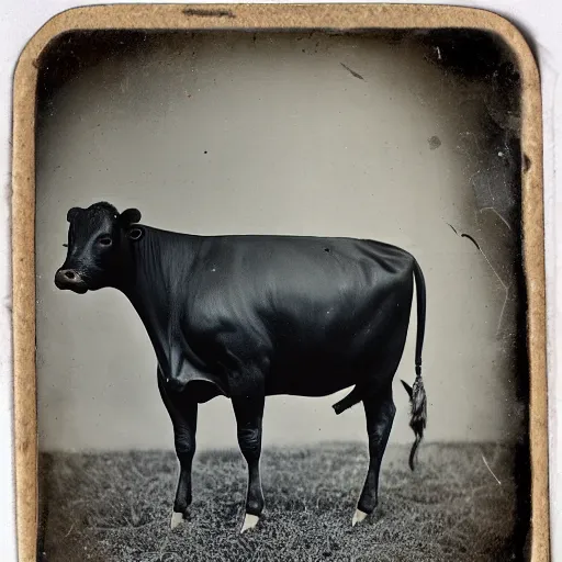 Prompt: tintype photo of a one legged cow