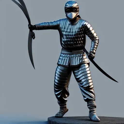 Image similar to 3 d octane rendering of marble and chrome statue of ninja wearing full face mask and hunter hat, vfx art, sharp, detailed, pinterest, unreal engine, behance, technological, octane render