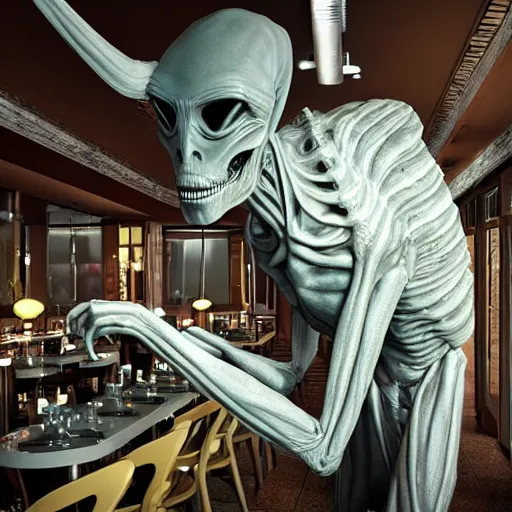 Image similar to spooky alien inside a restaurant, photorealistic ultra high resolution, ultra detailed, ray tracing, octane