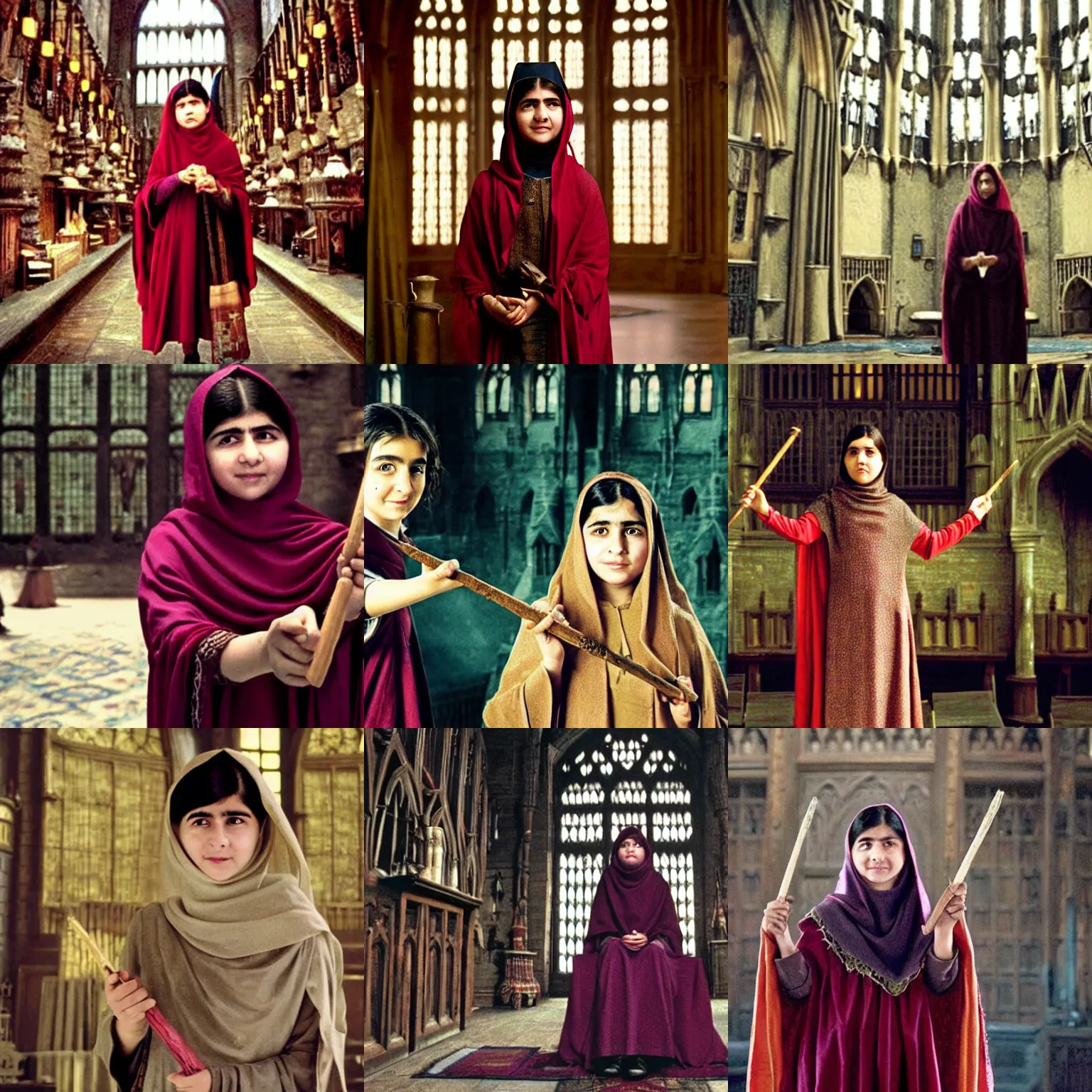Prompt: Malala Yousafzai as a witch from Harry Potter, wearing Hogwarts robes and holding a wand, in the Hogwarts great hall, film still from Harry Potter