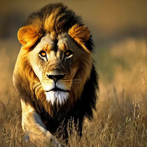 Image similar to lion hunting national geographic animal photography, action shot, 4 k, award winning, photo of the year