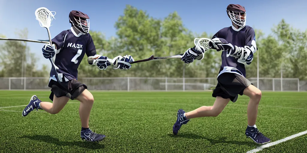 Image similar to lacrosse player, soccer field, cascade helmet, realistic, running, very detailed, 8k, high resolution, ultra realistic, no grain, symmetry, normal proportions, sports illustrated style, Cascade XRS Custom Lacrosse Helmet, brine lacrosse stick, Brine Lacrosse King V Gloves, normal feet, Nike Alpha Huarache 7 Elite, STX Surgeon 700 Lacrosse Arm Guards