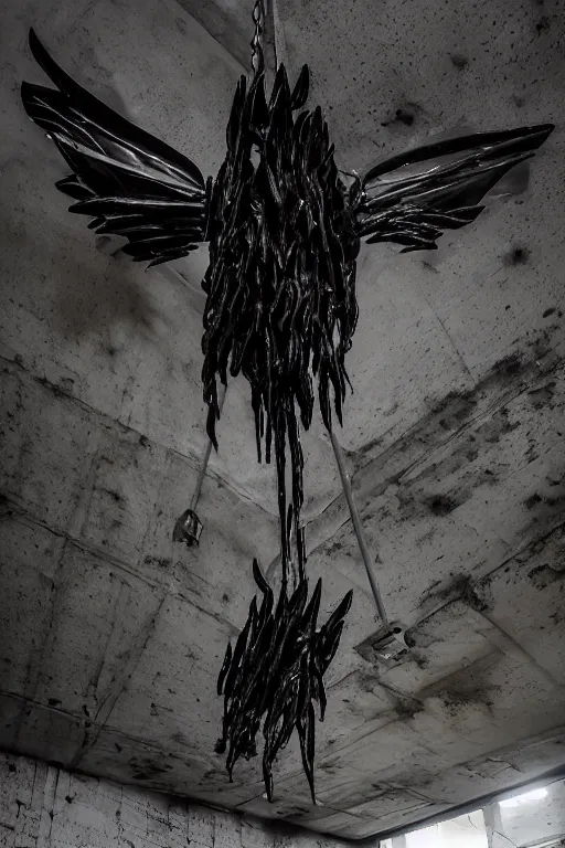 Prompt: ASYMMETRICAL irregular enochian brutalist black-metal spiraling jagged winged sculpture made of glossy black liquid latex and industrial hardware, hanging from ceiling in abandoned storm drain covered in blackmetal style graffiti, designed by nancy grossman, anish kapoor, herman nitsch, directed by david cronenberg, 8k, hyperrealistic, hyper-detailed, highly textured, gloss finish, sharp focus, dark volumetric lighting