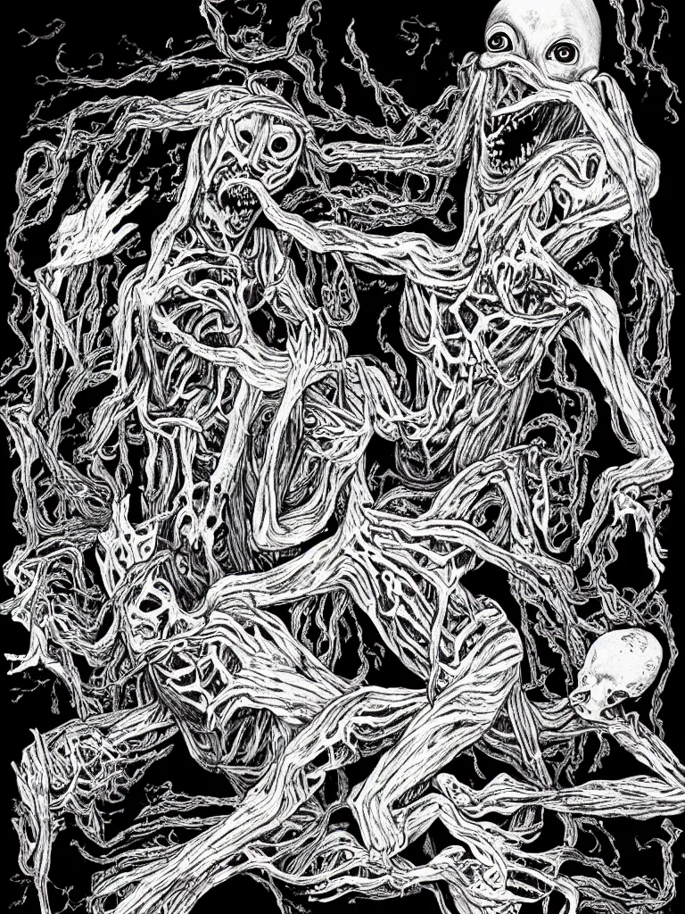 Prompt: black and white illustration creative design junji ito body horror monster