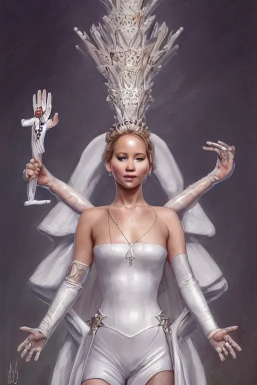 Image similar to Jennifer Lawrence as Queen wearing a White Outfit, anatomy, only two hands, highly detailed, digital painting, artstation, concept art, smooth, sharp focus, illustration, Unreal Engine 5, 8K, art by art by artgerm and greg rutkowski and edgar maxence