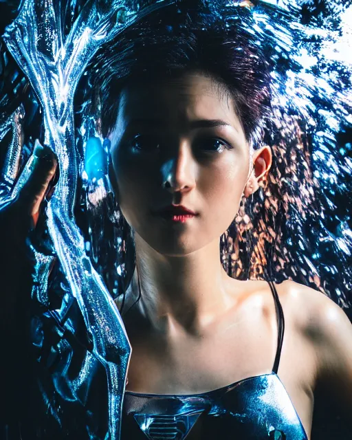 Prompt: portrait photo of female dancer as a cyberpunk mecha humanoid robotic head shoulder parts with straight bright led lights, under a waterfall, ultra - realistic and detailed, 8 k