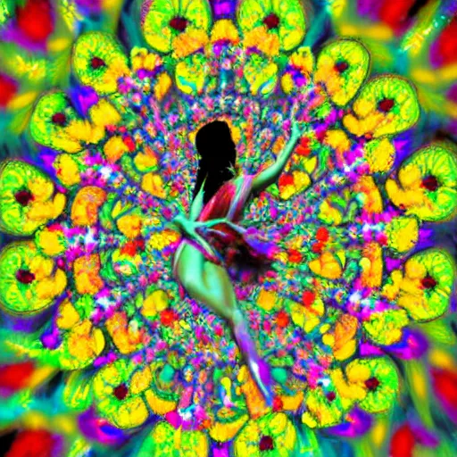 Image similar to the goddess of psychedelics dancing in a vortex made of flowers