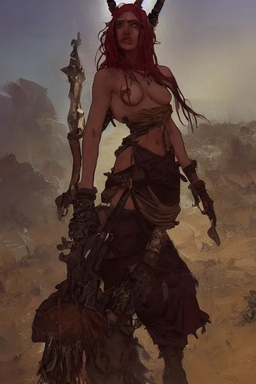 Image similar to a full body portrait of a beautiful post apocalyptic offworld tieflings quarter bedouin blind pulp fiction scarlet wild rogue barbarian leper begging by the roadside, intricate, elegant, highly detailed, digital painting, artstation, concept art, smooth, sharp focus, illustration, art by krenz cushart and artem demura and alphonse mucha