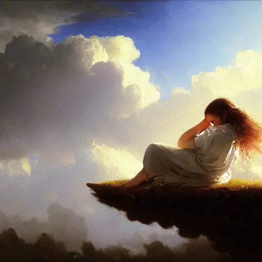 Prompt: girl sleeping on a cloud, beautiful and award winning art, art contest, sharp edges, realistic, impressive colours, by Albert Bierstadt, Jakub Rozalski, 4k