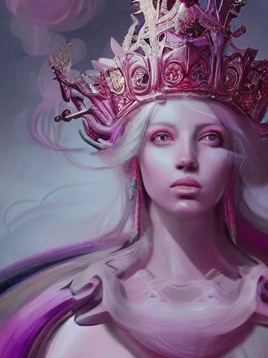Image similar to pink portrait of young beautiful female angel queen Lena Anderson head wearing shiny pink crown, subtle purple accents, hyper details, black metal rococo, sculpted by Alex Alice, Craig Mullins, yoji shinkawa, trending on artstation, beautifully lit, Peter mohrbacher, hyper detailed, insane details, intricate, elite, elegant, luxury, ray of light through smoke, CGsociety, hypermaximalist, golden ratio, background urban cityscape, night, neofuture, volumetric, octane render, weta digital, micro details, 3d sculpture