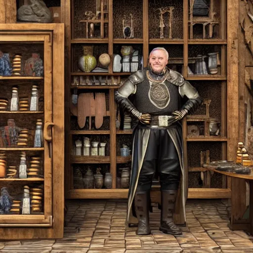 Image similar to full body portrait of Dennis hopper as a devious medieval lord standing on the right inside a big medieval Shop with tall windowpane, shelves full of medieval goods, morning light, trending on artstation, style of midjourney, unreal engine, octane render, intricate details, 8k high definition, beauriful, ornate, hyperrealistic