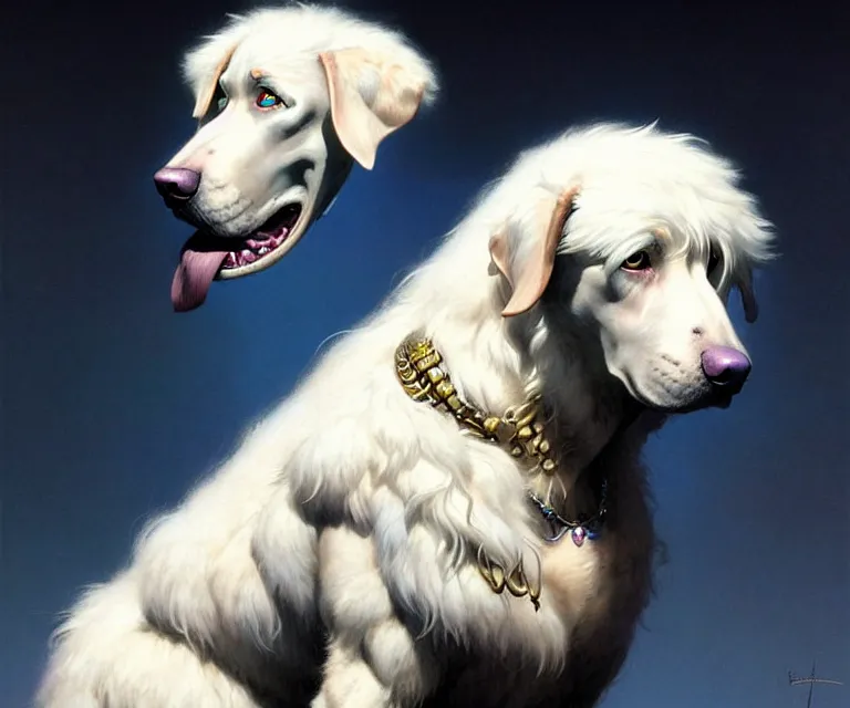 Prompt: beautiful fantasy character portrait of a maremma dog ultra realistic, dramatic lighting, the fifth element artifacts, highly detailed by peter mohrbacher, hajime sorayama, wayne barlowe, boris vallejo, aaron horkey, gaston bussiere, craig mullins