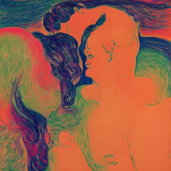 Image similar to close portrait of woman and man kissing. icy mountains far away. aurora borealis. iridescent, vivid psychedelic colors. painting by munch, agnes pelton, egon schiele, henri de toulouse - lautrec, utamaro, monet