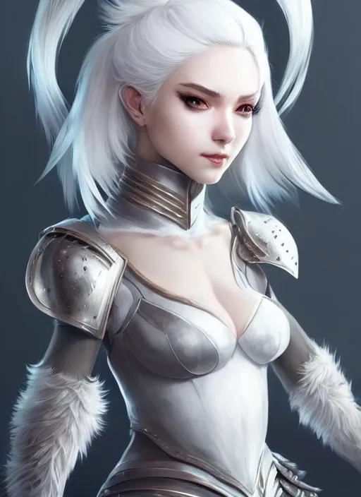 Image similar to fur - lined armor!!! beautiful and elegant white haired female!! gorgeous ayes!! character concept art, sharp focus, octane render! unreal engine 5! highly rendered!! trending on artstation!! detailed linework!! illustration by artgerm, wlop and sakimichan